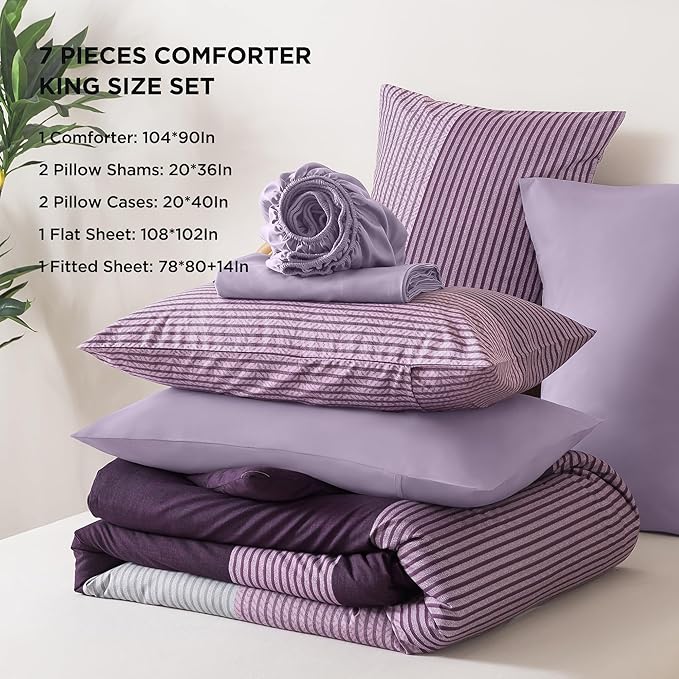 Andency King Size Comforter Set Purple - 7 Pieces Striped Lightweight Bed in a Bag, Soft Microfiber Reversible Bedding Set with Comforter, Fitted & Flat Sheet, Pillowcases & Shams