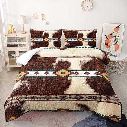 Bohe Cowhide Comforter Set, King Size, Brown and White Fur, Animal Print Bedding Sets 3PCS, Soft Microfiber, All Season (1 Comforter & 2 Pillowcases)
