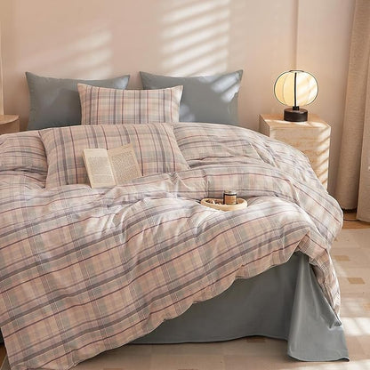 HighBuy Gingham Comforter Set King Blue Pink Grid Plaid Comforter Set Soft Fluffy Checkered Pattern Comforter with 2 Pillowcases for Women Girls Farmhouse Gingham Grid Bedding Comforter Set