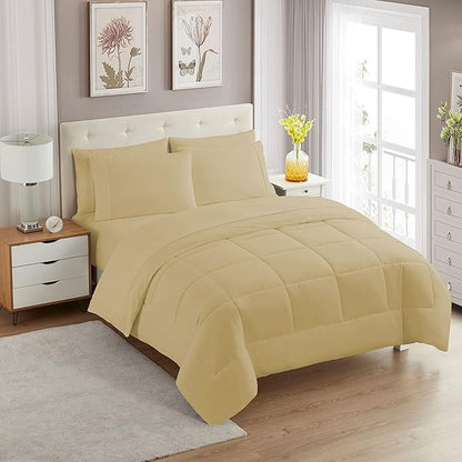 Sweet Home Collection 7 Piece Comforter Set Bag Solid Color All Season Soft Down Alternative Blanket & Luxurious Microfiber Bed Sheets, Camel, Full