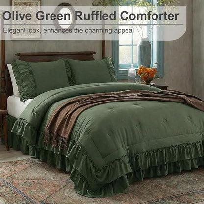 Olive Green Comforter Set Queen Boho Bedding Set Shabby Chic 2 Layers Ruffled Bedroom Home Decor Ultra Soft Microfiber Farmhouse Down Comforter Bohemian Quilt Set