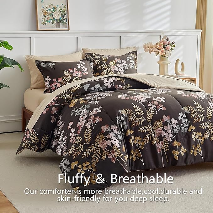 AIKASY Bed in a Bag 7 Pieces Queen Size - Floral Print - Soft Microfiber, Reversible Bed Comforter Set (1 Comforter, 2 Pillow Shams, 1 Flat Sheet, 1 Fitted Sheet, 2 Pillowcases)（Black, Queen）
