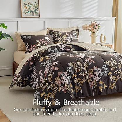 AIKASY Bed in a Bag 7 Pieces Queen Size - Floral Print - Soft Microfiber, Reversible Bed Comforter Set (1 Comforter, 2 Pillow Shams, 1 Flat Sheet, 1 Fitted Sheet, 2 Pillowcases)（Black, Queen）