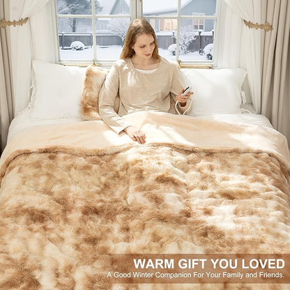 Faux Fur Electric Blanket Queen Size 84"X90" - Bubble Faux Fur Heated Blanket Fluffy Soft Fuzzy with 6 Fast Heating Levels & 10 hrs Timer Settings, Washable & ETL Certified for Bed, Tie-Dye Beige