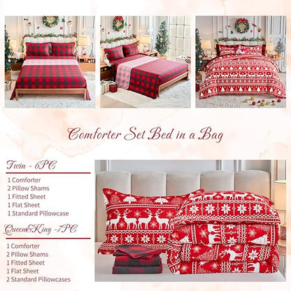Christmas Red Bed in a Bag 6 Pcs Twin Size, Elk Deer Xmas Tree and Snowflake Pattern Bedding Comforter Set Warm for Winter(1 Comforter, 1 Flat Sheet, 1 Fitted Sheet, 2 Pillow Shams, 1 Pillowcase)