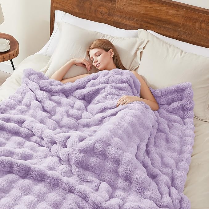 L'AGRATY Faux Fur Throw Blanket: 60" x 80" Luxury Soft Fluffy Rabbit Fur Blankets Twin for Couch Bed Sofa - Cozy Plush Bubble Blankets for Winter: Flannel Fleece Decorative Blanket(Purple)