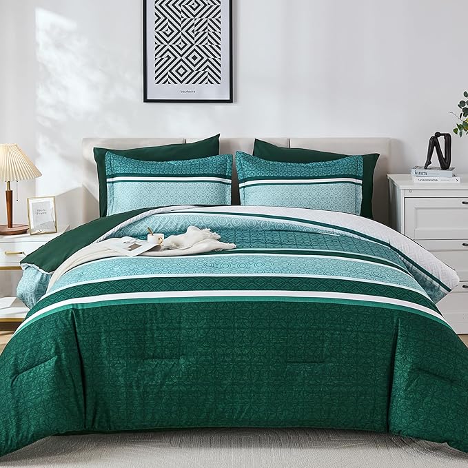 WONGS BEDDING 7 Pieces Comforter Set King Size, Green Striped Bed in a Bag Comforter and Sheet Set, Emerald Green Boho Soft Lightweight Micorfiber Bedding Set for All Season (90"×104")