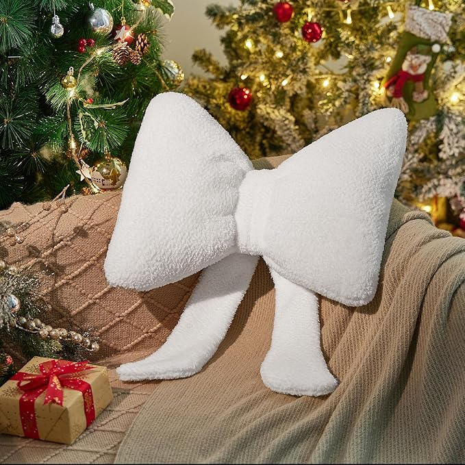 Stuffed Bow Christmas Decorations Soft Furry Bow Throw Pillows Cute Bowknot Plush Pillow Home Decor