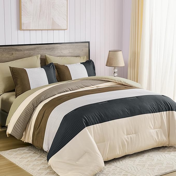Anibedding 7 Pieces Striped Queen Size Comforter Set, Brown Black Soft Microfiber Down Alternative Farmhouse Bedding All Season with Comforter, Pillow Shams, Flat Sheet, Fitted Sheet and Pillowcases