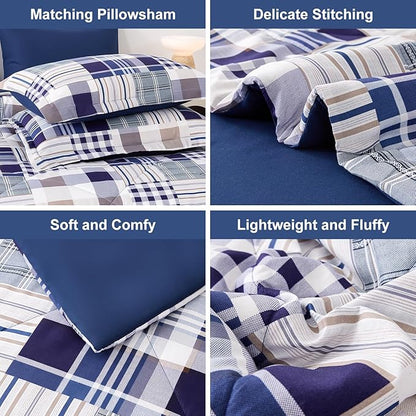Comforter Set Queen Size Plaid Patchwork Comforter Bedding-7 Piece Bed in a Bag,Soft Fluffy Reversible Microfiber Bedding Set(1 Comforter,1 Flat Sheet,1 Fitted Sheet,2 Pillowcases,2 Pillow Shams),Navy