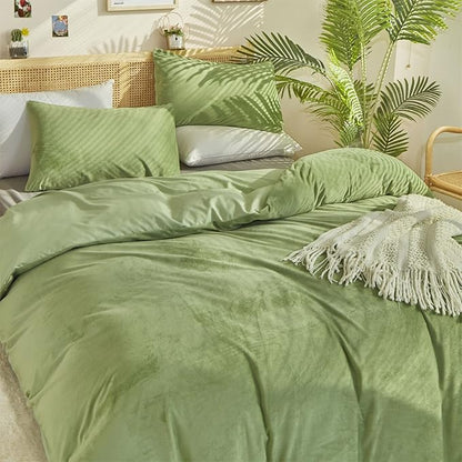Cottonight Sage Velvet Fluffy Flannel Bedding - Twin Light Green Plush Comforter Set With Blanket & Quilts - Warm & Soft for Women & Men