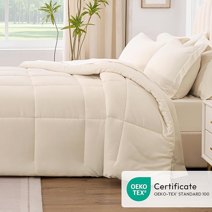 Love's cabin Full Comforter Set Beige, 7 Pieces Full Bed in a Bag, All Season Bedding Sets with 1 Comforter, 1 Flat Sheet, 1 Fitted Sheet, 2 Pillowcase and 2 Pillow Sham