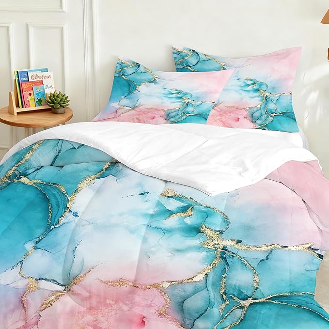 Watercolor Marble Comforter Set Queen Size Pink Teal Gold Bedding Set for Kids Girls Women Room Decor Abstract Art Marbling Bed Set Modern Teal Blue Quilt Set with 1 Comforter + 2 Pillowcases