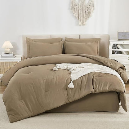 Litanika Oversized Queen Size Comforter Set Taupe - 7 Pieces Bed in a Bag Oversized Beddding Sets, Solid Lightweight Bed Set with Comforter, Sheets, Pillowcases & Shams
