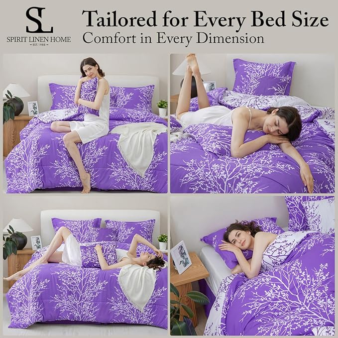 Spirit Linen 5 pcs Twin Comforter Set - Cozy Deep Sleep Microfiber Bedding Comforter Sets with Foliage Designed - Twin Bedding Sets with Pillow Shams (Lilac, Twin)