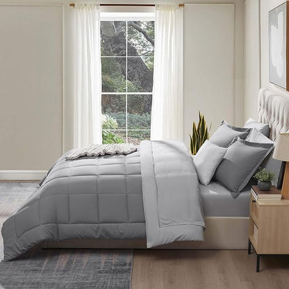 Nestl 7 Piece Queen Comforter Set – Grey Reversible Bed in a Bag – Complete Queen Size Bedding Set with Sheets, Pillowcases and Shams