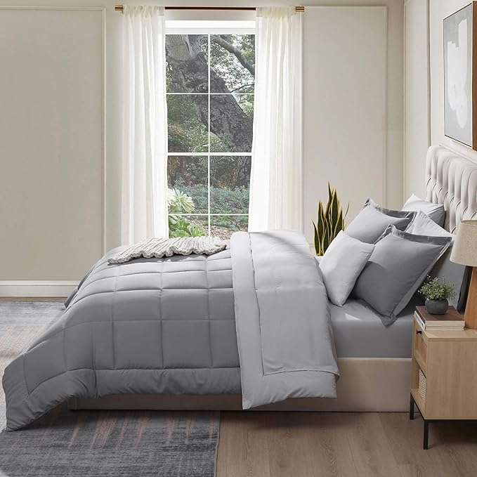 Nestl 7 Piece King Comforter Set – Grey Reversible Bed in a Bag – Complete King Size Bedding Set with Sheets, Pillowcases and Shams