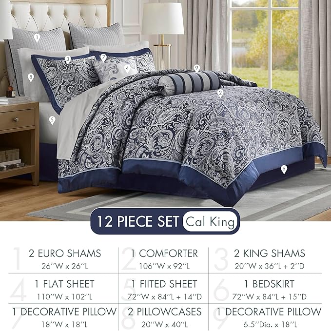 Madison Park Aubrey Cozy Comforter Set, Faux Silk Jacquard Paisley Design - All Season Down Alternative Bedding with Cotton Bed Sheets, Bed Skirt & Toss Pillows, California King Navy 12 Piece