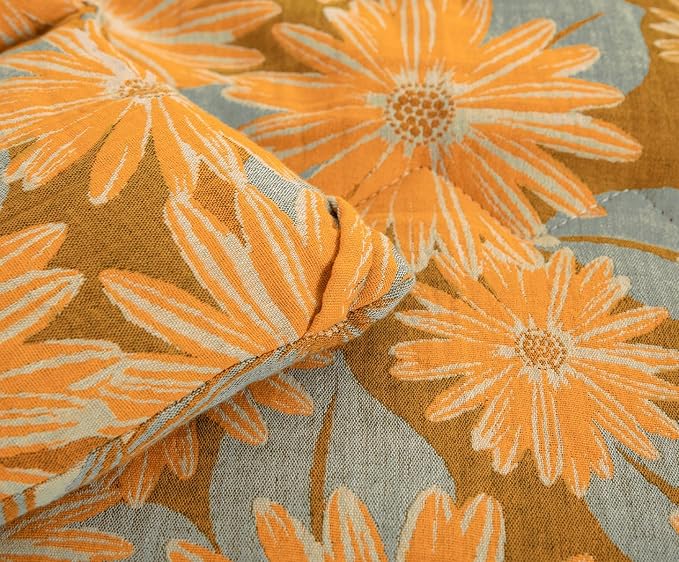 SLEEPBELLA Washed Double Layer Muslin 100% Cotton Comforter Set King Size, Yellow & Blue Sunflower Pattern Fluffy Thick Checked Bedding Set, Soft Breathable (1 Comforter, 2 Pillow Shams)