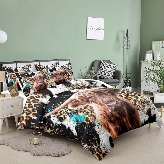 Tailor Shop Western Highland Cow Bedding Set Full Size Highland Cattle Cow Comforter Sets for Kids Teens Boys Leopard Comforter Sets with 1 Comforter 2 Pillowcases