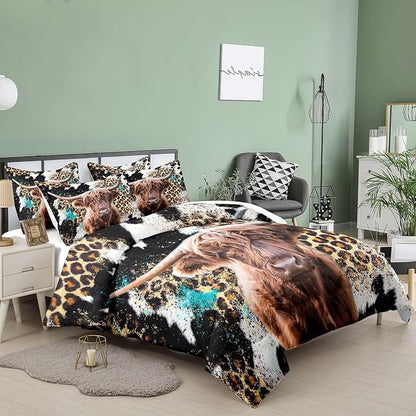 Tailor Shop Western Highland Cow Bedding Queen Size Wild Cow Print Comforter Sets for Kids Teens Boys Leopard Comforter Sets with 2 Pillowcases