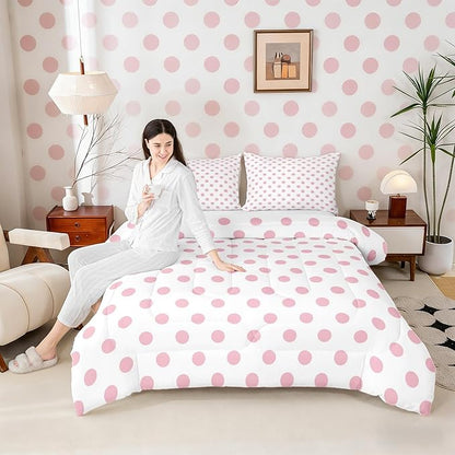 Manfei Pink Polka Dots Comforter Set Twin Size,French Style Dots Cartoon Cute Girly Bedding Set for Kids Teens,Geometric Circles Pink White Simple Art Comforter,2 Pcs 1 Pillowcase