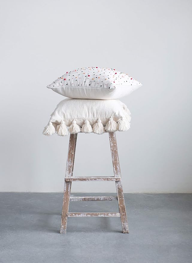 Creative Co-Op Woven Cotton Slub Pillow with Tassels, Cream