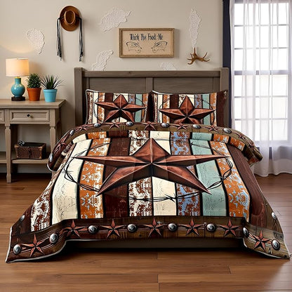 Western Texas Star Kids Comforter Set Twin Size,Vintage Wooden Plank Bedding Set,Girls Boys Adults Bedroom Decor,Rustic Farmhouse West Cowboy Down Comforter,Brown Retro Duvet Insert,1 Pillowcase