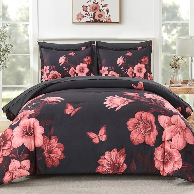 Floral Comforter Set Queen Size, 7 Piece Black Bed in a Bag, Elegant Flower Pattern Comforter Set with Sheet, Soft Microfiber Complete Bedding Sets for All Season