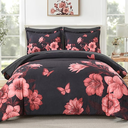 Floral Comforter Set Queen Size, 7 Piece Black Bed in a Bag, Elegant Flower Pattern Comforter Set with Sheet, Soft Microfiber Complete Bedding Sets for All Season