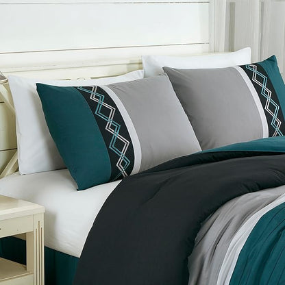 Chezmoi Collection Arden 7-Piece Modern Pleated Stripe Embroidered Zigzag Bedding Comforter Set (King, Teal/Black/Gray)