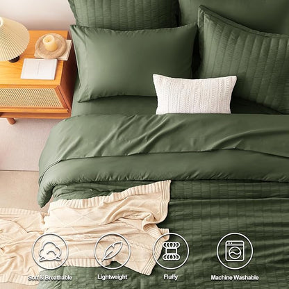 CozyLux King Size Comforter Set Olive Green Seersucker 7 Pieces Bed in a Bag King Comforter Set with Sheets, Luxury Bedding Set with Down Alternative Comforter, Sheets, Pillowcases & Shams All Seasons