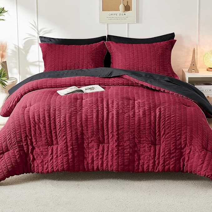 HYMOKEGE Red & Black California King Comforter Set Seersucker 7 Pieces, All Season Luxury Bed in a Bag for Bedroom, Bedding Set with Comforters, Sheets, Pillowcases & Shams