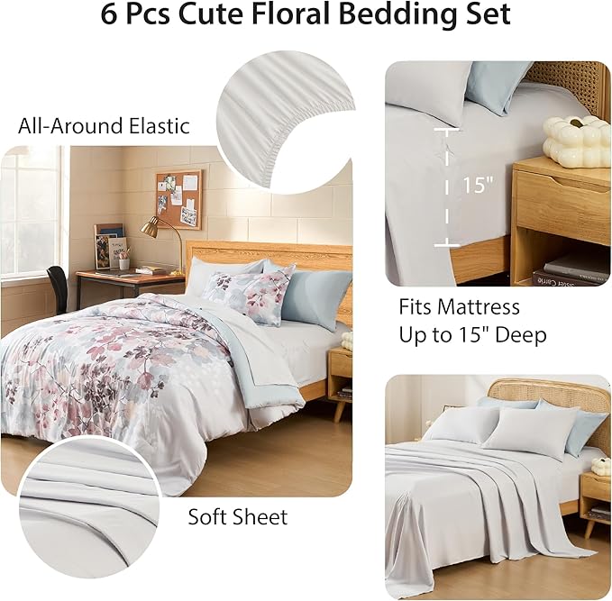 Twin Comforter Set Blush Bed Set, 6 Pieces Cute Floral Bedding Set Ultra Soft Botanical Flowers Comforter, Sheets, Pillowcase & Sham
