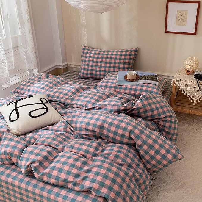 VM VOUGEMARKET Pink Blue Purple Plaid Comforter Set Queen,3 Pieces Gingham Comforter with 2 Pillowcases for Teen Girls Simple Modern Bedding Set (90"x90")