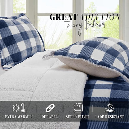 Elegant Comfort 3-Piece Buffalo Lodge-Plaid Comforter Set, Luxurious, Heavyweight, All Season, Down Alternative-Micromink Sherpa-Backing Reversible Micro-Suede, Soft and Plush, King, Navy Blue/White