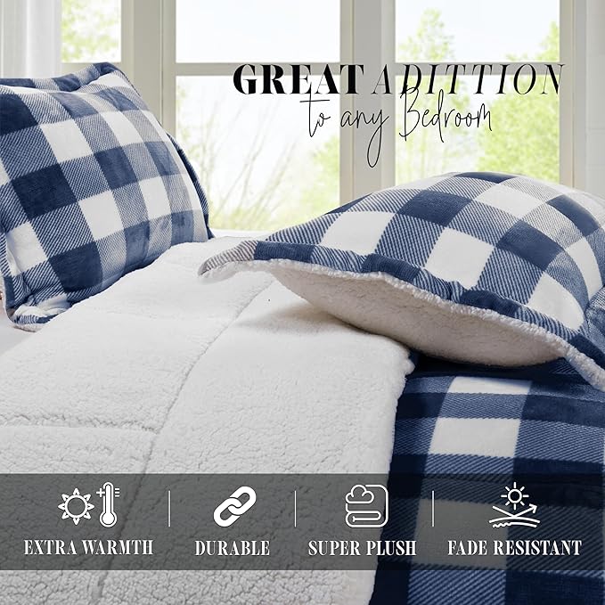 Elegant Comfort 3-Piece Buffalo Lodge-Plaid Comforter Set, Luxurious, Heavyweight, All Season, Down Alternative-Micromink Sherpa-Backing Reversible Micro-Suede, Soft and Plush, Twin, Navy Blue/White