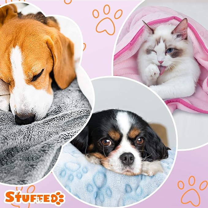 Stuffed 3pcs Colorful Soft Dog Blankets for Small Dogs Kittens, Washable Cat Blanket for Puppy Boys Gilrs, Dog Owner Gifts, 16 * 24 inches Grey Pink Blue Paw Print