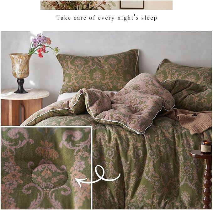 MKXI Floral Linen Comforter Set Full Army Green Vintage Paisley Comforter Bedding for Neutral Bedroom Rich Rust Jacquard Floral Bed Comforters for Men Women Cotton Yarn-Dyed Textured Soft Lightweight