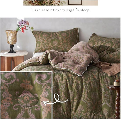 MKXI Floral Linen Comforter Set Full Army Green Vintage Paisley Comforter Bedding for Neutral Bedroom Rich Rust Jacquard Floral Bed Comforters for Men Women Cotton Yarn-Dyed Textured Soft Lightweight