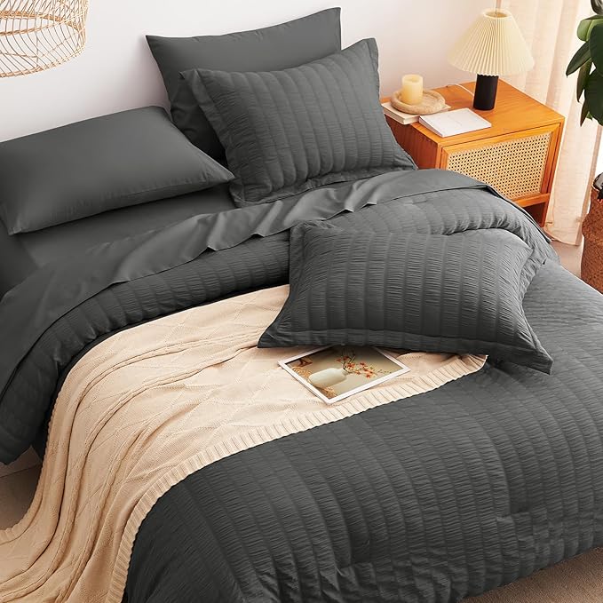 CozyLux Twin Comforter Set with Sheets Seersucker 5 Pieces, Dark Grey Bed in a Bag for Bedroom, Textured Luxury Soft Bedding Set with Down Alternative Comforter, Sheets, Pillowcase & Sham All Seasons