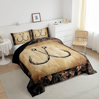 Erosebridal Camo Fish Hook Bedding Comforter Sets Full Rustic Lake Fishing Bedding Set Gifts for Boys Men Fisherman Kids,Farmhouse Cabin Style Comforter Set Retro Country Quilt Duvet Set 3 Pcs
