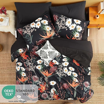 CASAAGUSTO Full Comforter Set, 7 PCS Black Shore Floral Comforter Set with Flowers Leaves Pattern, Soft Seersucker Design All Season Queen Size Bedding Set with Decor Pillow (80"X90")