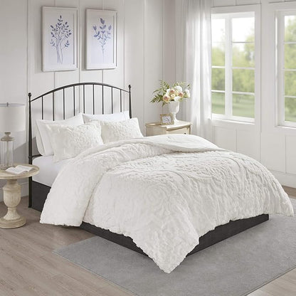 Madison Park Tufted Chenille Cotton Comforter, All Season Bedding Set, Matching Shams, Viola, Damask Off White King/Cal King(104"x92") 3 Piece