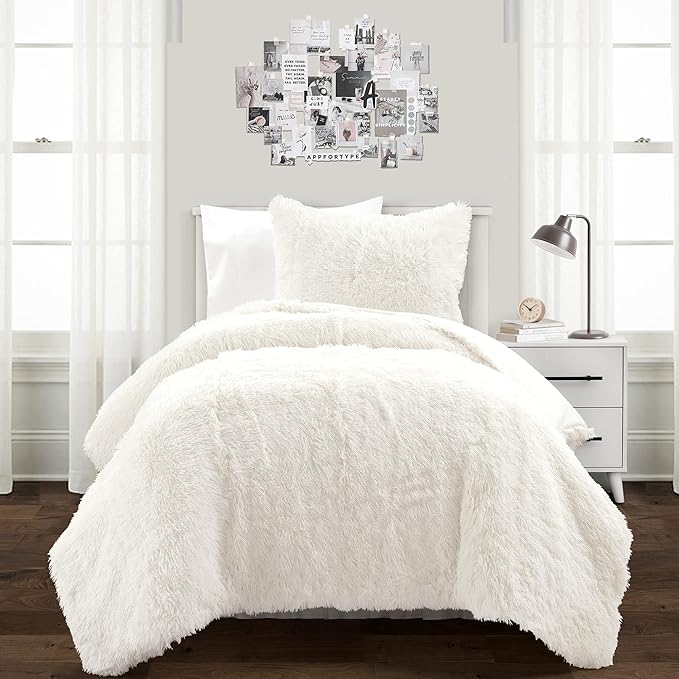 Lush Decor Emma Faux Fur Comforter 2 Piece Set Twin XL Ivory - Dorm Bedding Twin XL Comforter - Cream Comforters - College Dorm Essentials