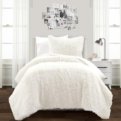 Lush Decor Emma Faux Fur Comforter 2 Piece Set Twin XL Ivory - Dorm Bedding Twin XL Comforter - Cream Comforters - College Dorm Essentials