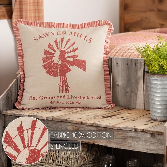 VHC Brands Farmhouse Sawyer Mill Chambray Windmill Square Pillow, Red 18x18