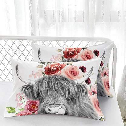 Highland Cow Comforter Sets King，Bedding Sets for Kids,Wildlife Farmhouse Flower Cow Comforter Sets All Season 1 Comforter and 2 Pillowcases