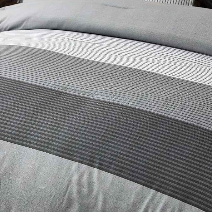 WONGS BEDDING Grey Comforter Set Queen, Reversible Grey Striped Patchwork Down Alternative Comforter for Queen Bed,3 Pieces (1 Comforter+2 Pillowcases), Boho Soft Microfiber Bedding Set 90"×90"
