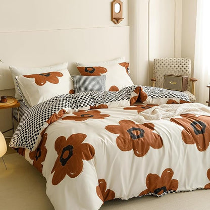 Cottonight Pumpkin Sunflower Comforter Set Brown Cal King Women Girls Beige and Brown Floral Bedding Comforter Set Botanical Flowers Blanket Quilts Soft Breathable Chic Comforter